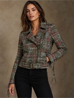 Nicole Miller Artelier Plaid Moto Jacket Belted Cropped Jacket Petite XS NWT 0 2